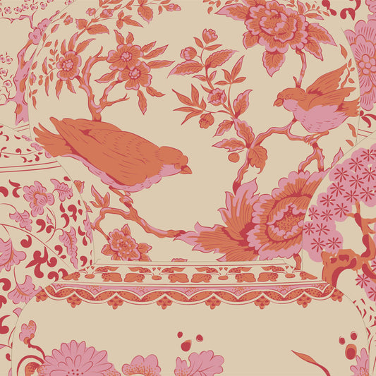Birds on a branch in Pink and Orange with a Off White Background
