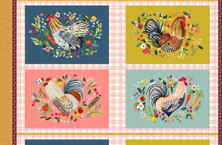 Small panels of fabric featuring colorful rooster prints