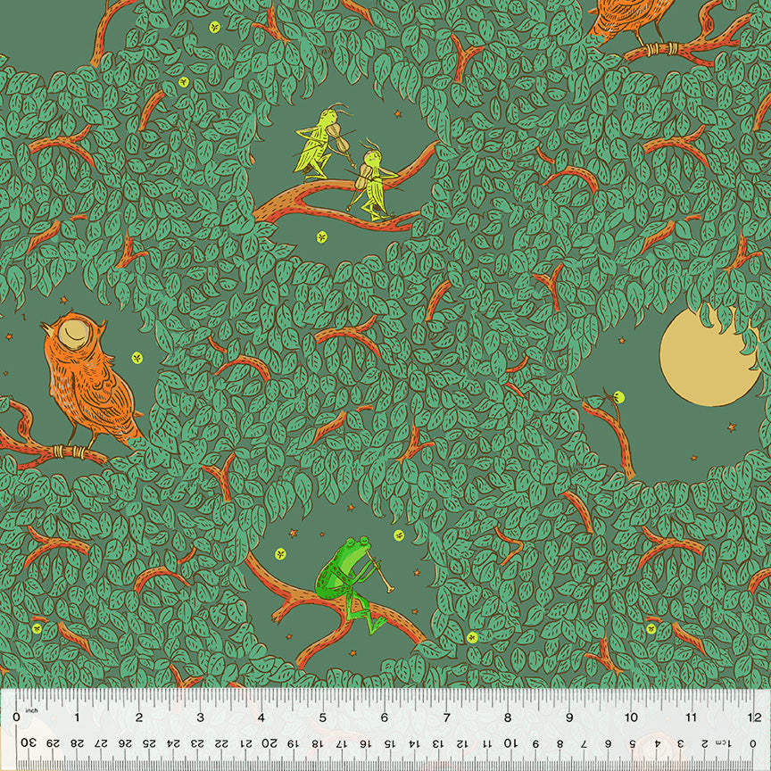 owl, frog, crickets on green
