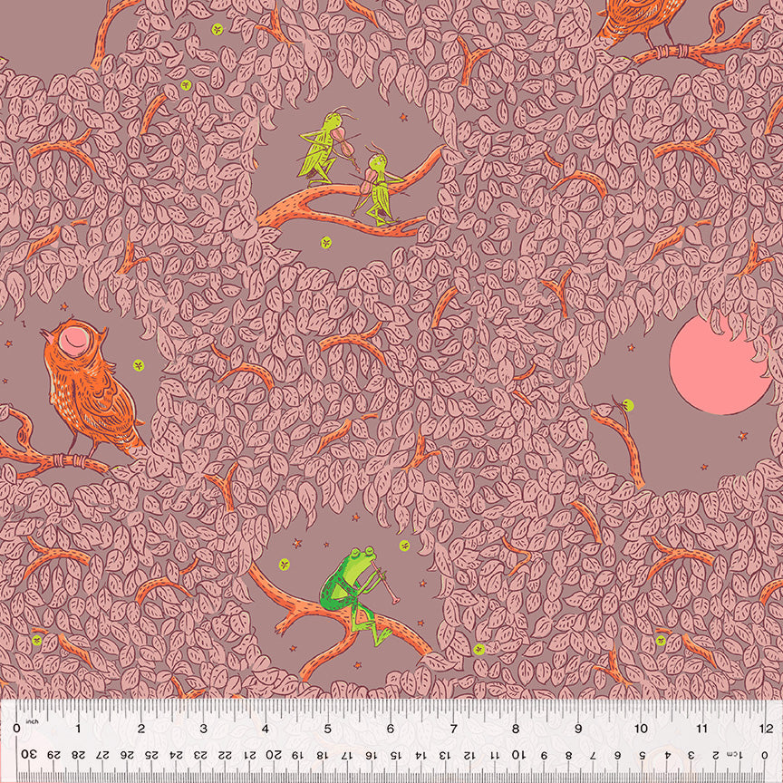 owl, crickets, frog on mauve