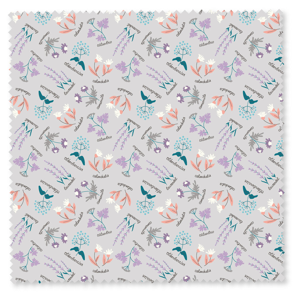 Grey fabric with small purple and orange herbs with cursive writing