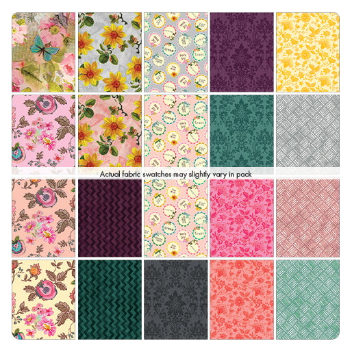 A grid of all the fabrics included in the fat quarter bundle of fabrics, with a variety of prints and colors