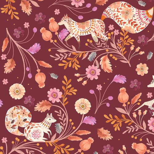 fox and squirrels against a burgundy background with pink and orange flowers