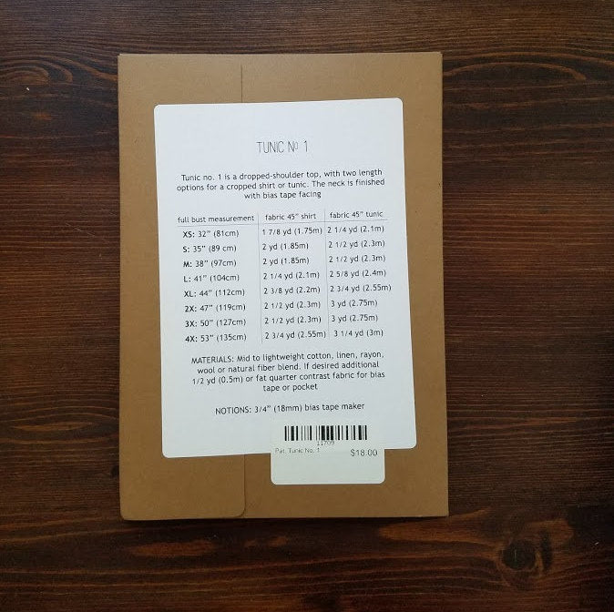 The back of the printed sewing pattern, displaying sizes and yardage requirements