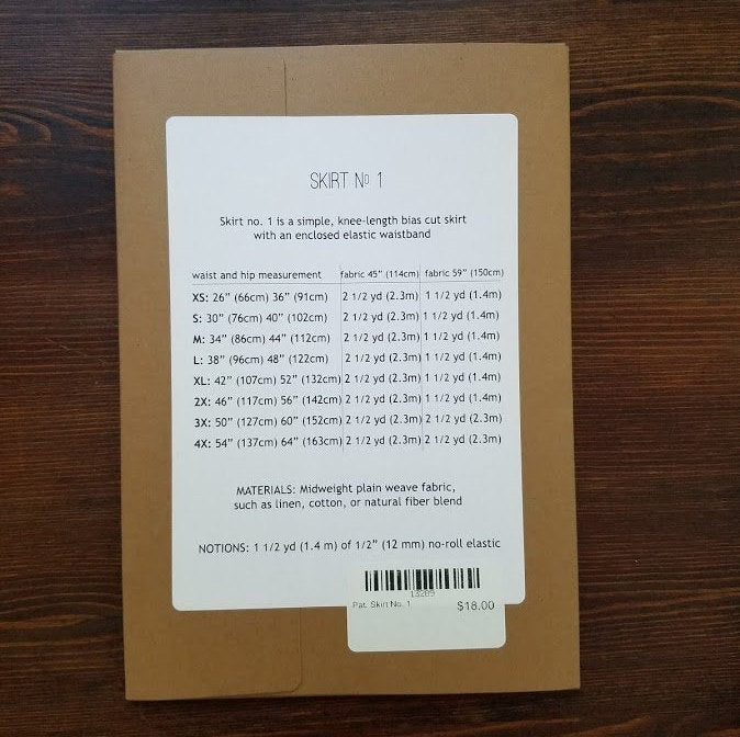 The back of the pattern packaging, showing sizing information and yardage requirements