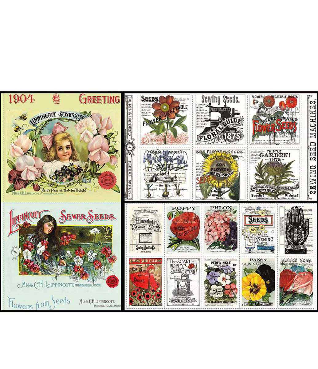 A vintage-style collage of illustrated seed and flower posters, including floral designs, seed labels, and decorative text such as '1904 Greeting,' 'Seeds,' 'Flowers from Yards,' and 'Sewer Seeds.'.