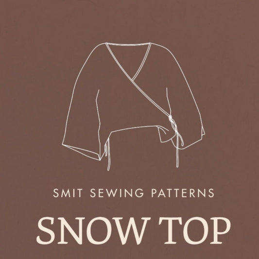 A flat graphic on a warm brown background showing a simple white line drawing of a wrap-style top, with the text 'SMIT SEWING PATTERNS' and 'SNOW TOP' below.