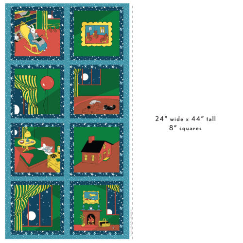 Patchwork quilt with various scenes in squares on a blue border, dimensions 24" wide x 44" tall.