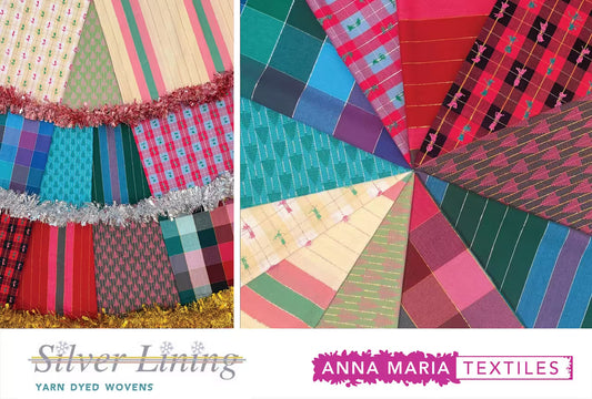 A collage showing two views of a yarn-dyed woven fabric panel with multiple colored and patterned fabric swatches radiating from a center point. The left side shows the fabric gathered with metallic tinsel trim, and the right side shows a flat fan of the same fabric. All from 'Anna Maria Textiles' Silver Lining Collection. 
