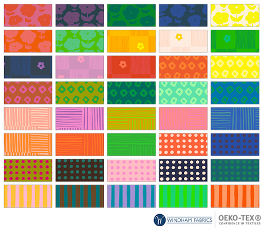 all 40 designs, mini rectangular images of each one. designs include puffy daisy, footpath, shibori, woven, dots, and drawn stripes.