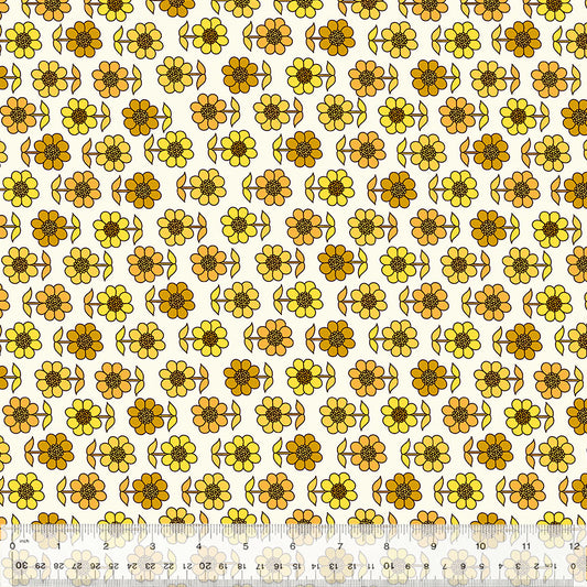 Assorted floral patterned cotton fabrics from the Bonny collection by Denyse Schmidt, showing various daisy designs in yellow, pink, and blue colors.