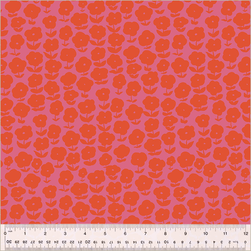 puffy daisy pattern, orangey daisies on pink background