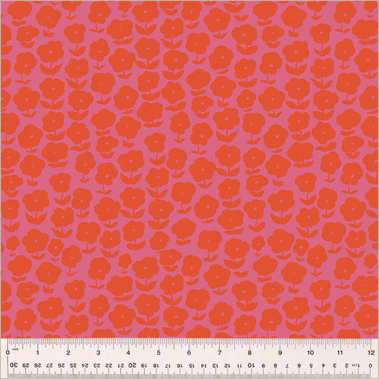 puffy daisy pattern, orangey daisies on pink background