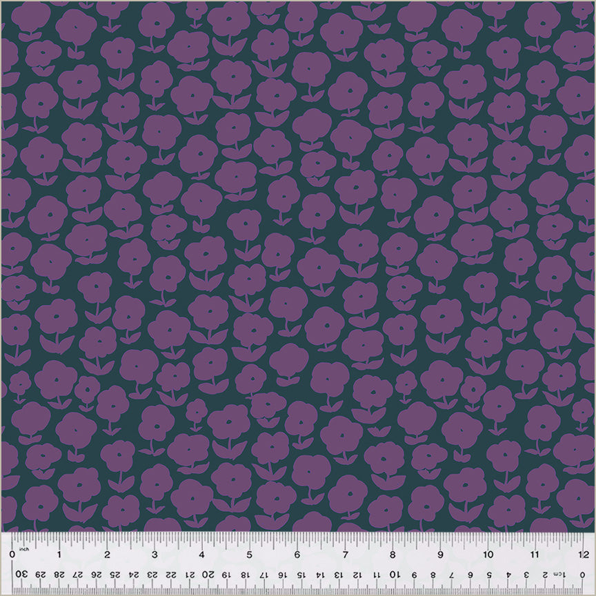 puffy daisy pattern, purple daisy on grayish green background