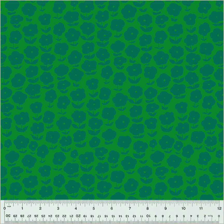 puffy daisy pattern, dark green daisies on green background