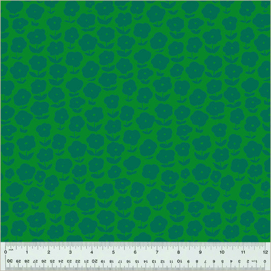 puffy daisy pattern, dark green daisies on green background