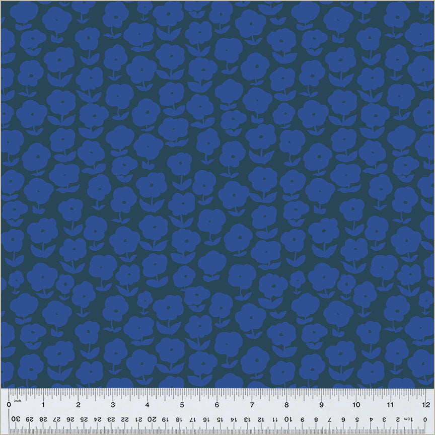 puffy daisy pattern, light blue daisies on dark blue background