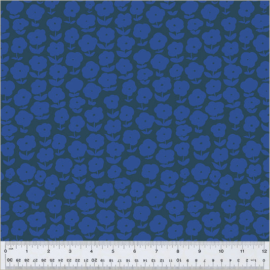 puffy daisy pattern, light blue daisies on dark blue background