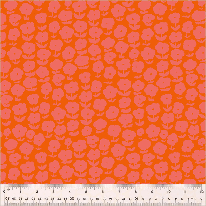 puffy daisy pattern, pinkish daisies on orange-ish background