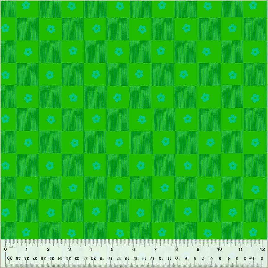 Footpath design, checkered between lines and singular daisies. color is green and dark green and blue-ish green daisies