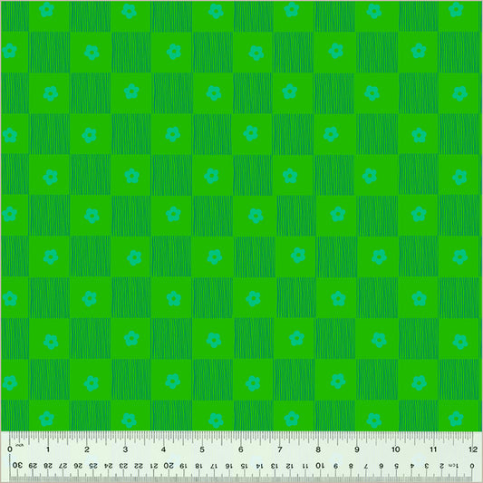 Footpath design, checkered between lines and singular daisies. color is green and dark green and blue-ish green daisies