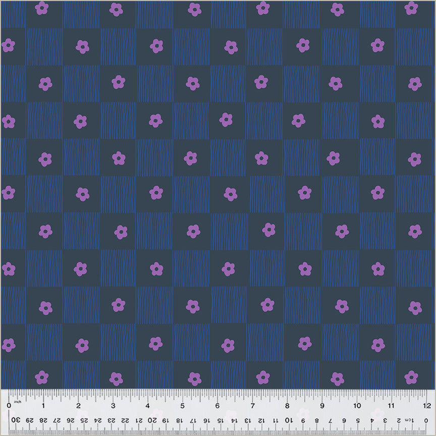 Footpath design, checkered between lines and singular daisies. color is purple daisies, grey background and blue lines.