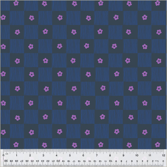 Footpath design, checkered between lines and singular daisies. color is purple daisies, grey background and blue lines.