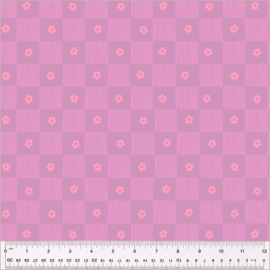 Footpath design, checkered between lines and singular daisies. color is light pinks