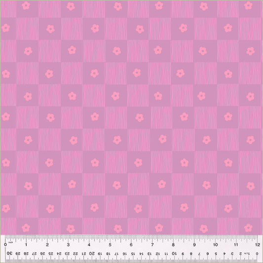 Footpath design, checkered between lines and singular daisies. color is light pinks
