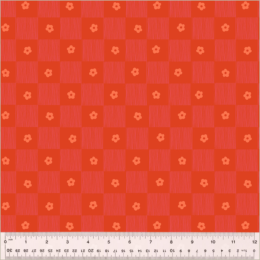 Footpath design, checkered between lines and singular daisies. color is reddish and orange-ish