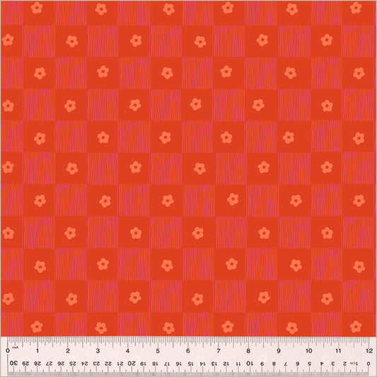Footpath design, checkered between lines and singular daisies. color is reddish and orange-ish
