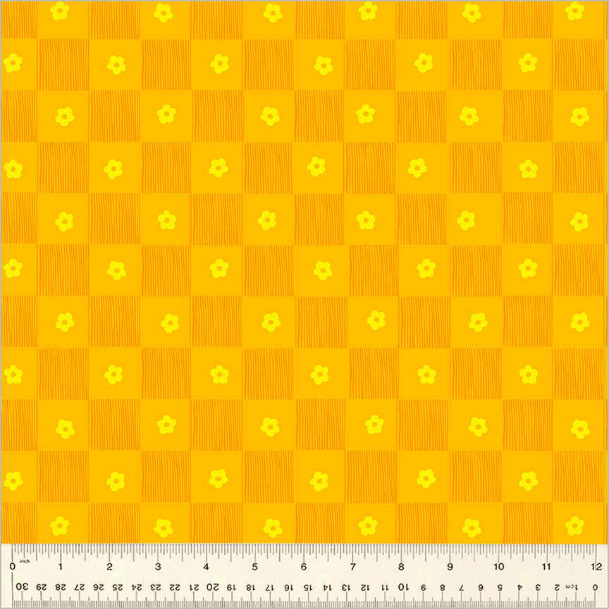 Footpath design, checkered between lines and singular daisies. color is gold and yellow