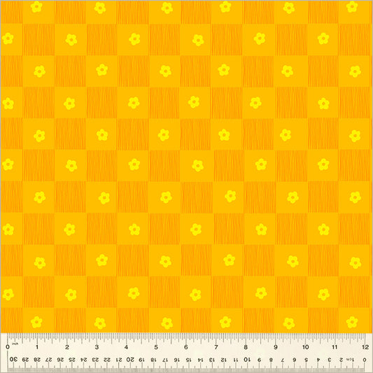 Footpath design, checkered between lines and singular daisies. color is gold and yellow