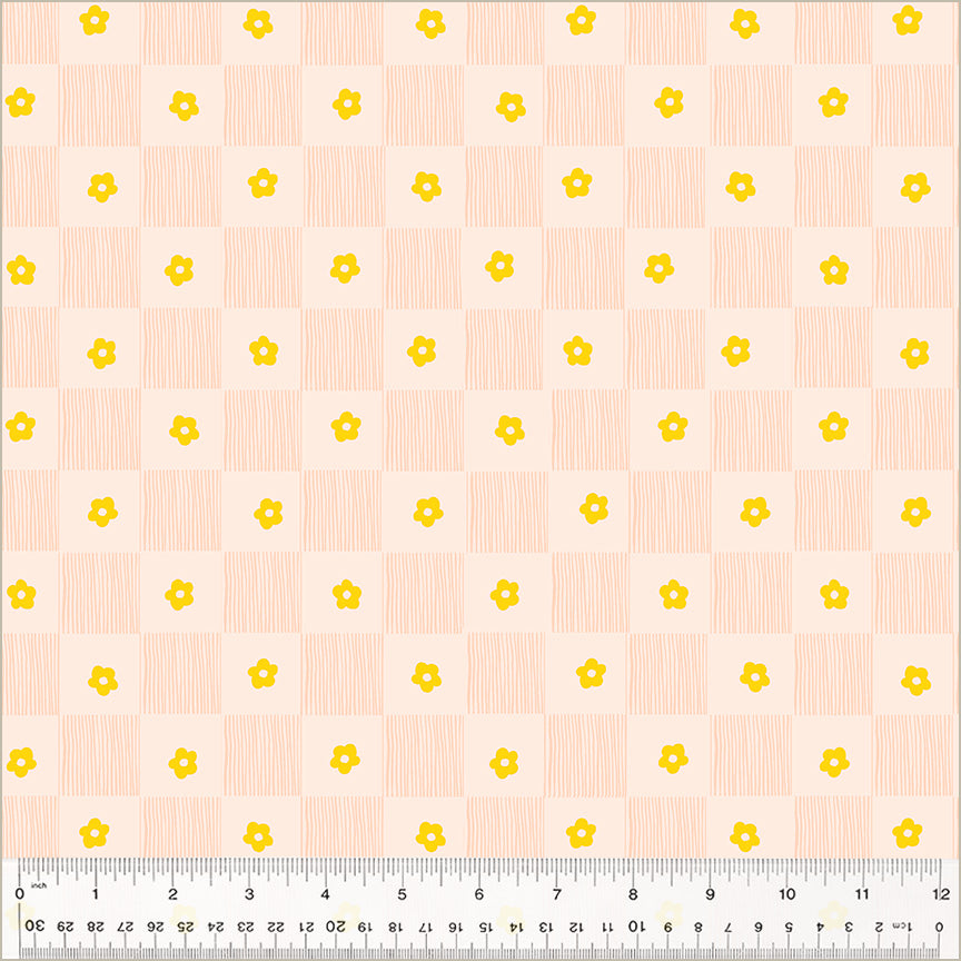 Footpath design, checkered between lines and singular daisies. color is pinkish with gold daisies