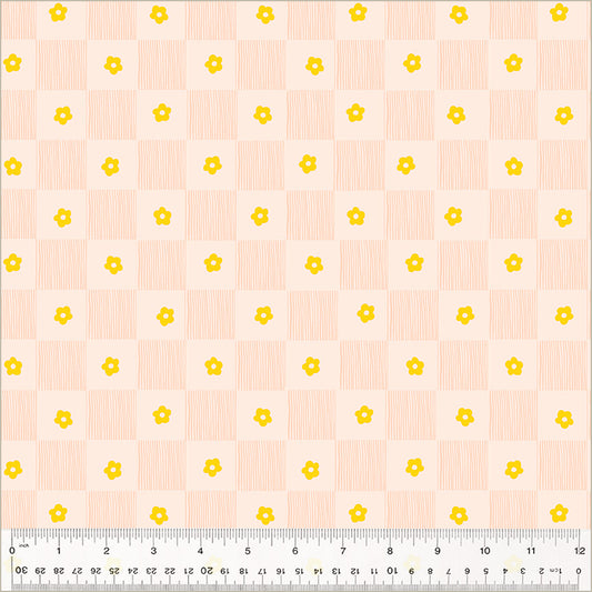 Footpath design, checkered between lines and singular daisies. color is pinkish with gold daisies