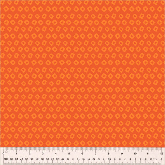 Shibori design, Mandarin orange/Marigold colors. Orange background with light orange square-ish donut shape in rows throughout the design.