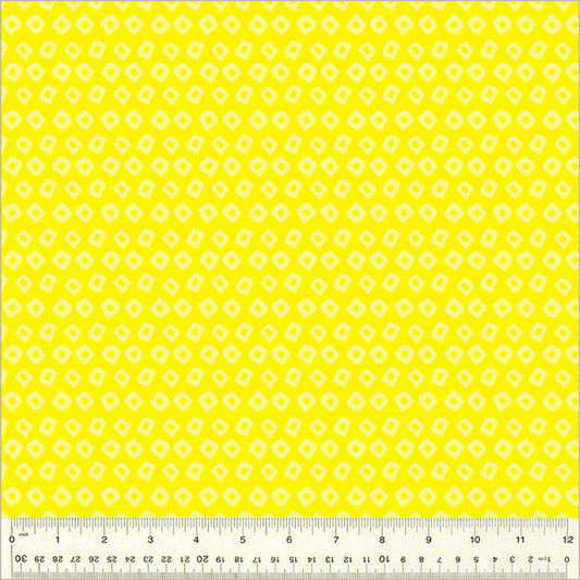 Shibori design, Meyer/Daffodil colors. Bright Yellow background with light yellow/white square-ish donut shape in rows throughout the design.