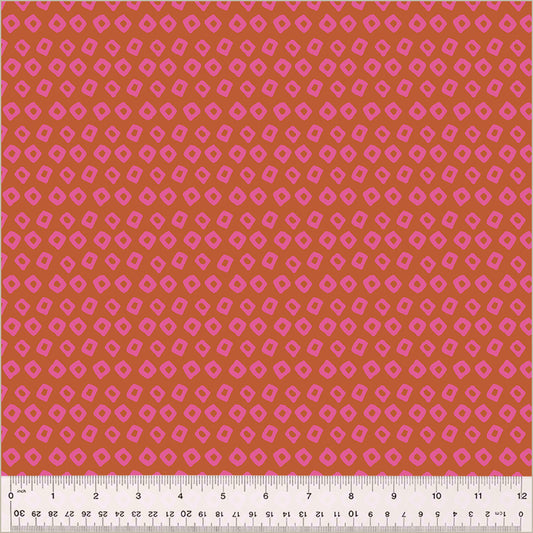Shibori Design, Wildrose/Unicorn colors. Pinkish brownish background with pink square donut shapes in rows throughout the design.