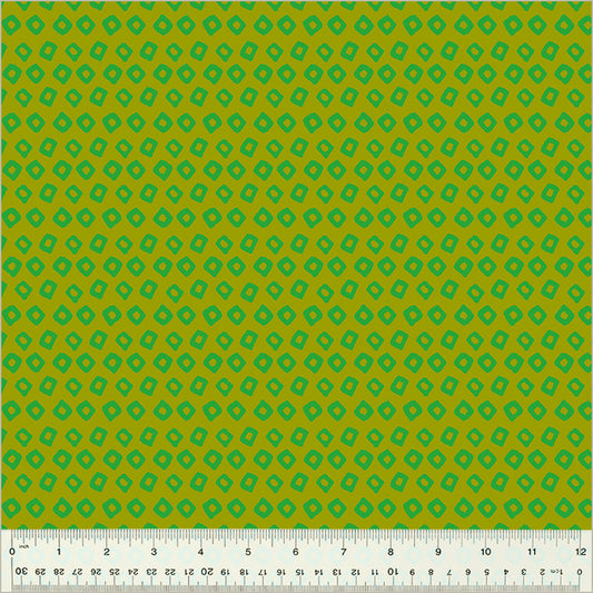 Shibori Design, Avocado/Agave colors. Light green background with dark green square-ish donut shapes in rows throughout the design.