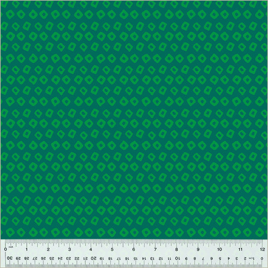Shibori Design, Kelp/Evergreen colors. Teal background with green square-ish donut shapes in rows throughout the design.