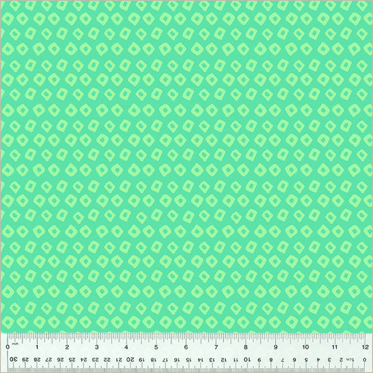 Shibori Design, Aquamarine/Seaglass colors. Blue-green background, almost a darker mint green color, with light mint green square-ish donut shapes in rows throughout the design.