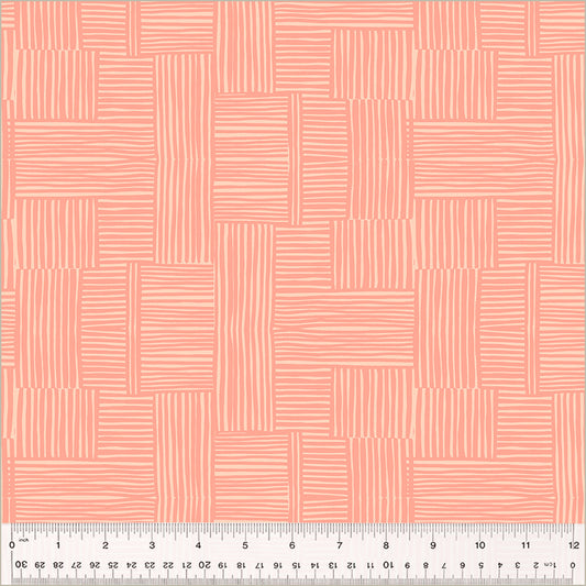 Woven design, Shell/Peachy color. pink blocks of lines cross-hatched with eachother. over a light pinkish white background.