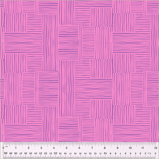 Woven design, Vervain/Salvia color. purple blocks of lines cross-hatched with eachother. over a pink background.