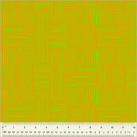 Woven design, Avocado/Turmeric color. brownish blocks of lines cross-hatched with eachother. over a green background.