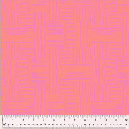 Woven design, Fairy/Posy color. blocks of thin purple lines cross-hatched with eachother. over a pink background.