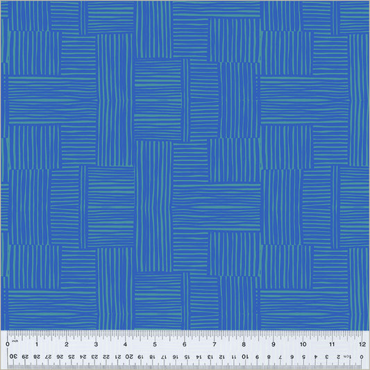 Woven design, Pool/Majorelle color. dark blue blocks of lines cross-hatched with eachother. over a blue background.