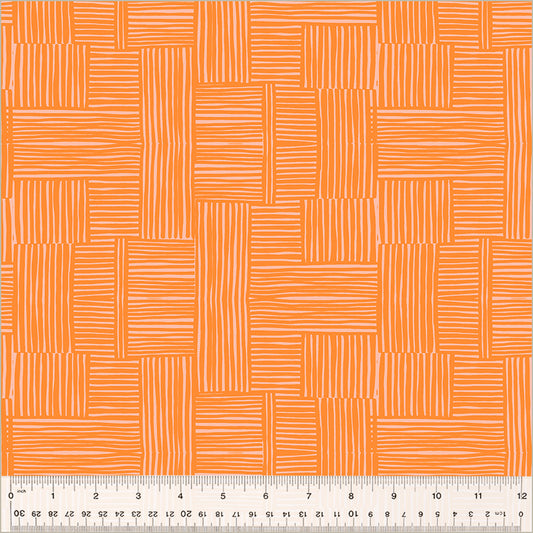 Woven design, Creamsicle/Blush color. orange blocks of lines cross-hatched with eachother. over a orangey white background.