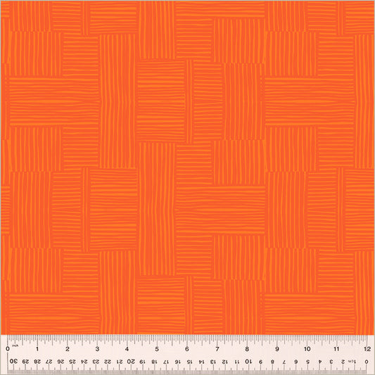 Woven design, Marigold/Mandarin color. dark orange blocks of lines cross-hatched with eachother. over a orange background.