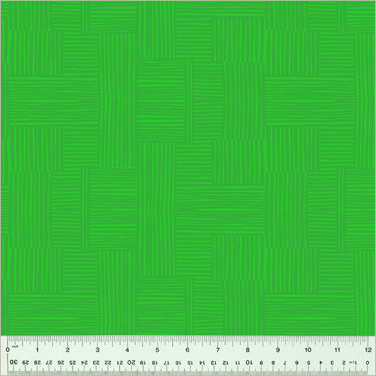 Woven design, Pasture/Evergreen color. dark green blocks of lines cross-hatched with eachother. over a light green background.