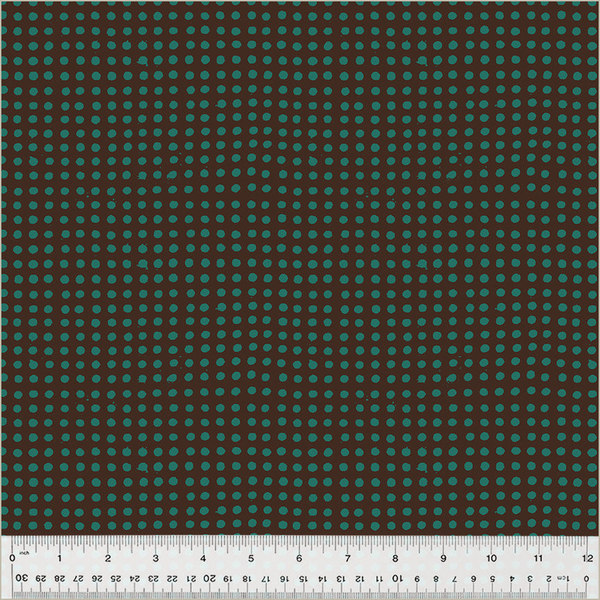 Dots pattern. Truffle/China Blue color. gray background with teal dots in rows throughout.